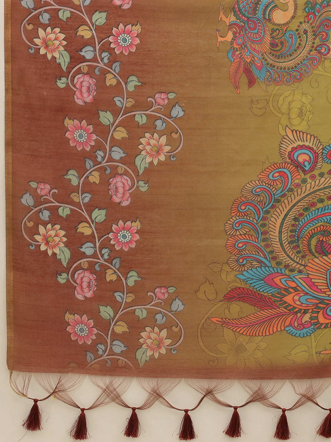 Kalamkari Printed Cotton Chanderi Saree With Beautifull Tassels