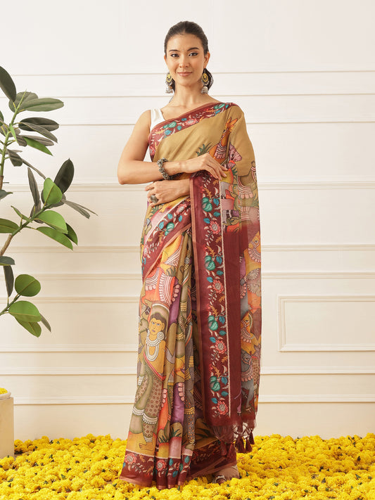 Kalamkari Printed Cotton Chanderi Saree With Beautifull Tassels