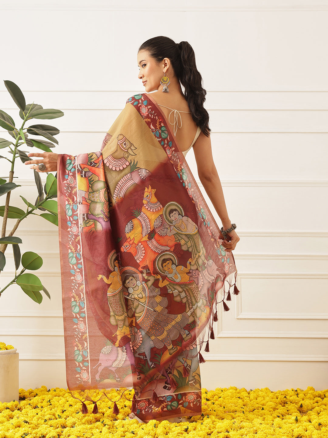 Kalamkari Printed Cotton Chanderi Saree With Beautifull Tassels
