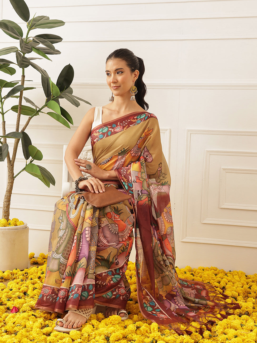 Kalamkari Printed Cotton Chanderi Saree With Beautifull Tassels