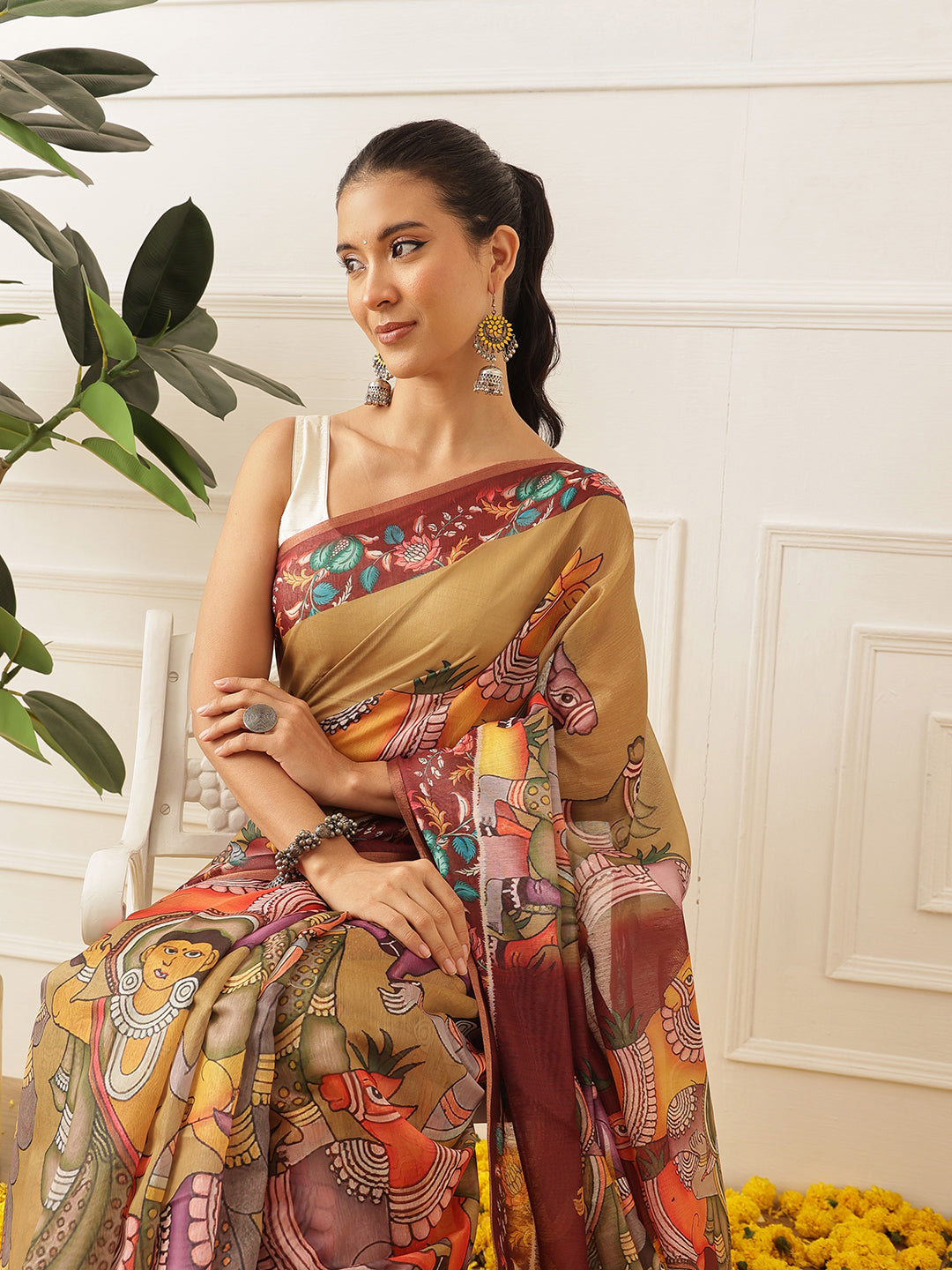 Kalamkari Printed Cotton Chanderi Saree With Beautifull Tassels