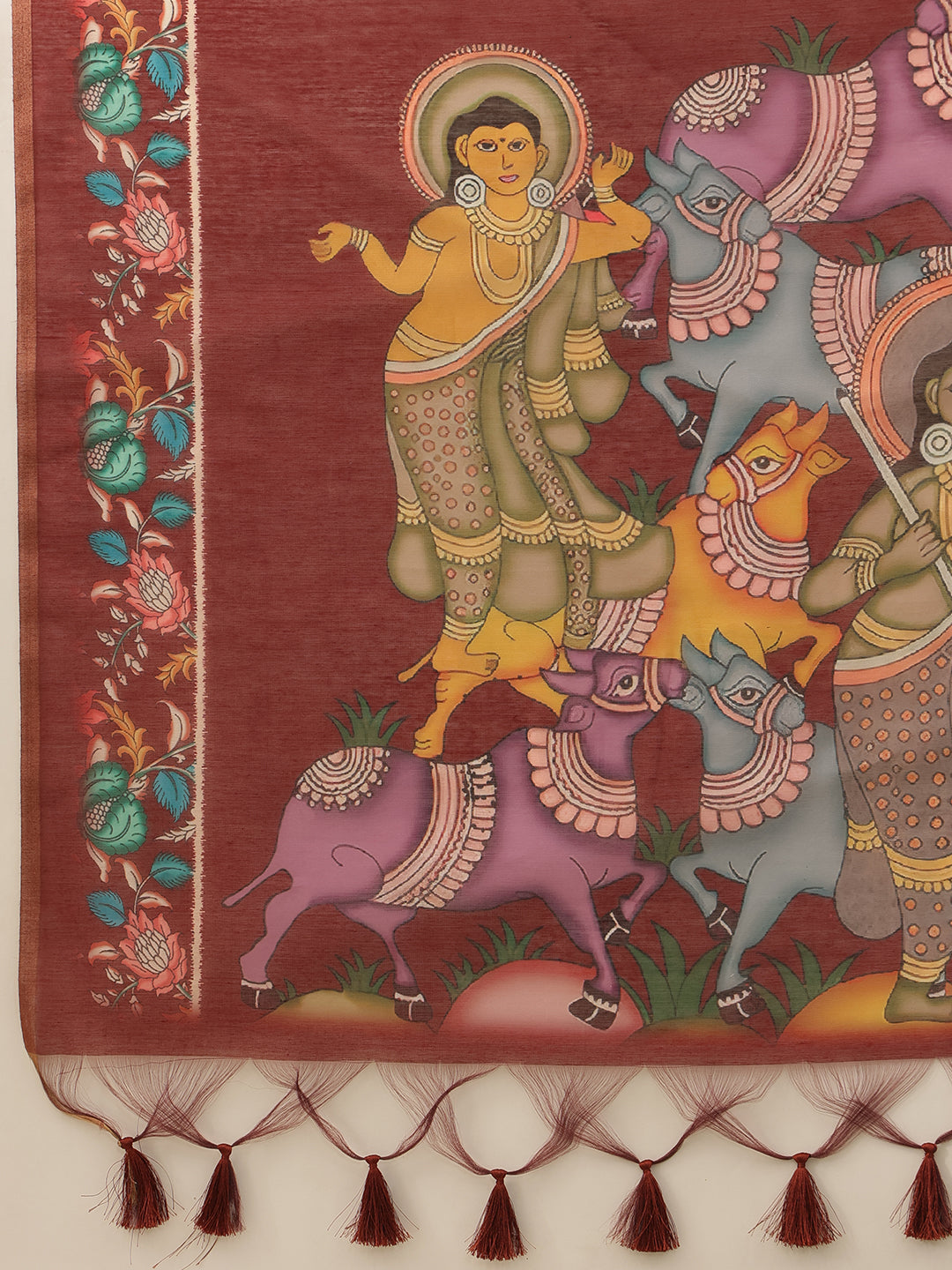 Kalamkari Printed Cotton Chanderi Saree With Beautifull Tassels