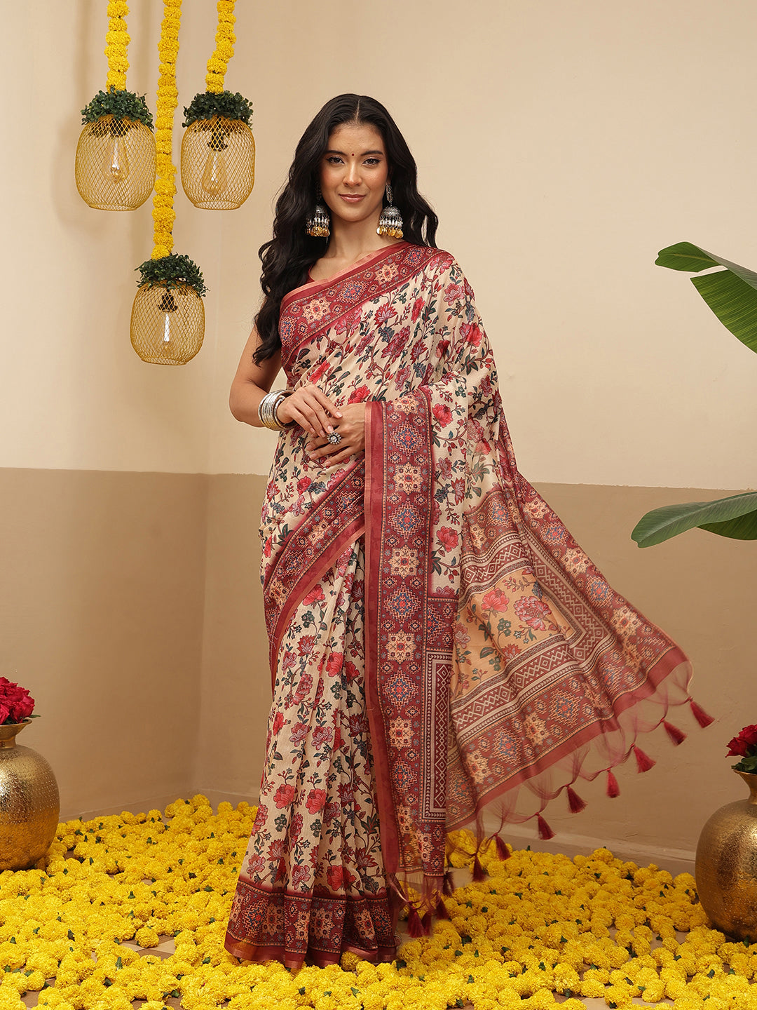 Women's Digital Printed Cotton Chanderi Saree With Beautiful Tassels
