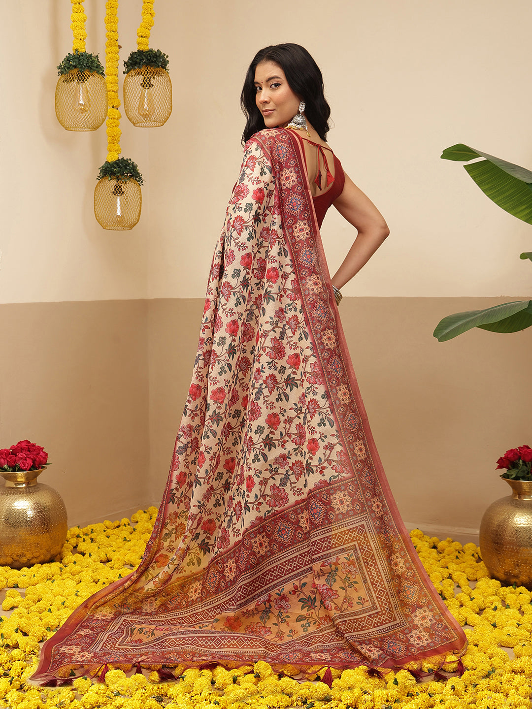 Women's Digital Printed Cotton Chanderi Saree With Beautiful Tassels