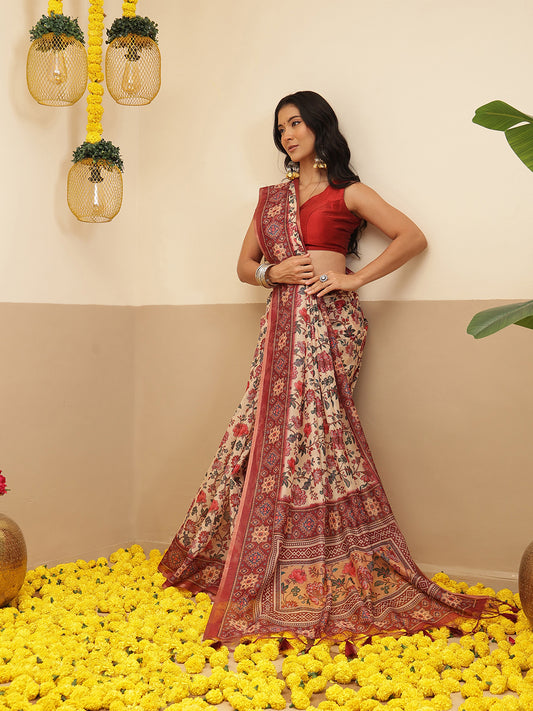 Women's Digital Printed Cotton Chanderi Saree With Beautiful Tassels