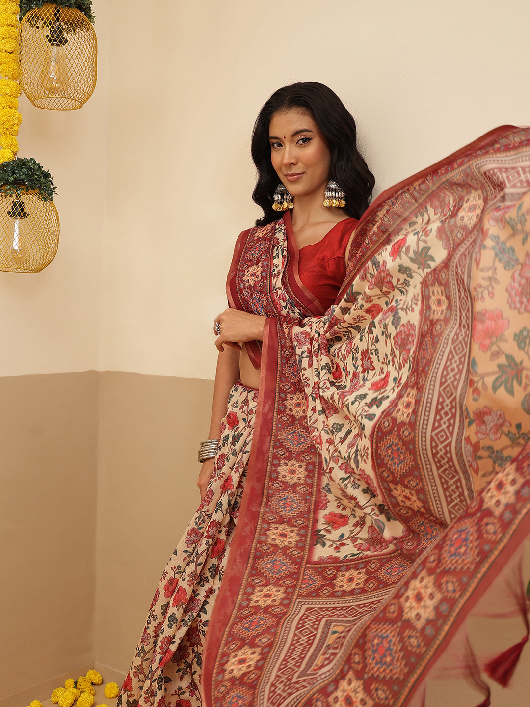 Women's Digital Printed Cotton Chanderi Saree With Beautiful Tassels
