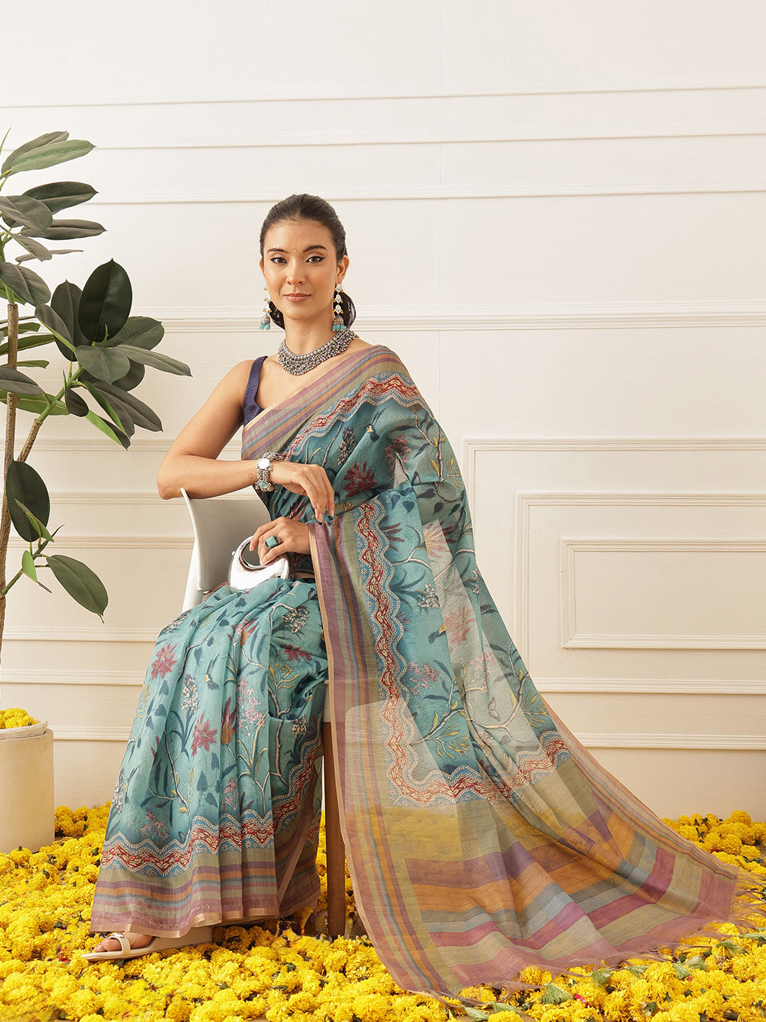 Women's Digital Printed Cotton Chanderi Saree With Beautiful Tassels