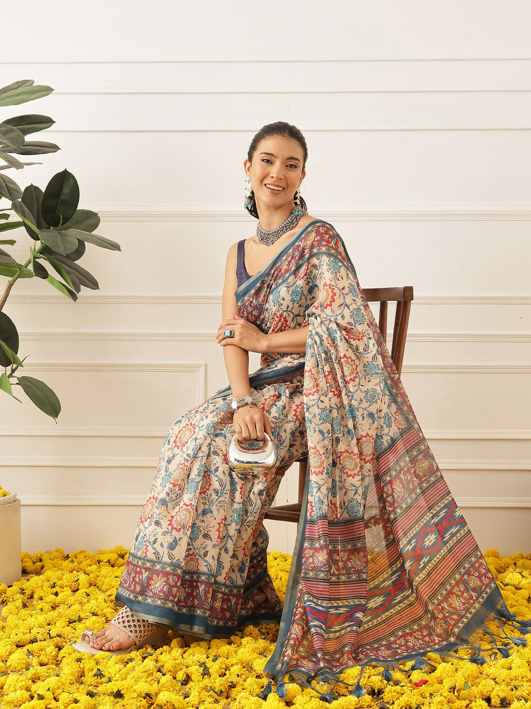 Women's Digital Printed Cotton Chanderi Saree With Beautiful Tassels
