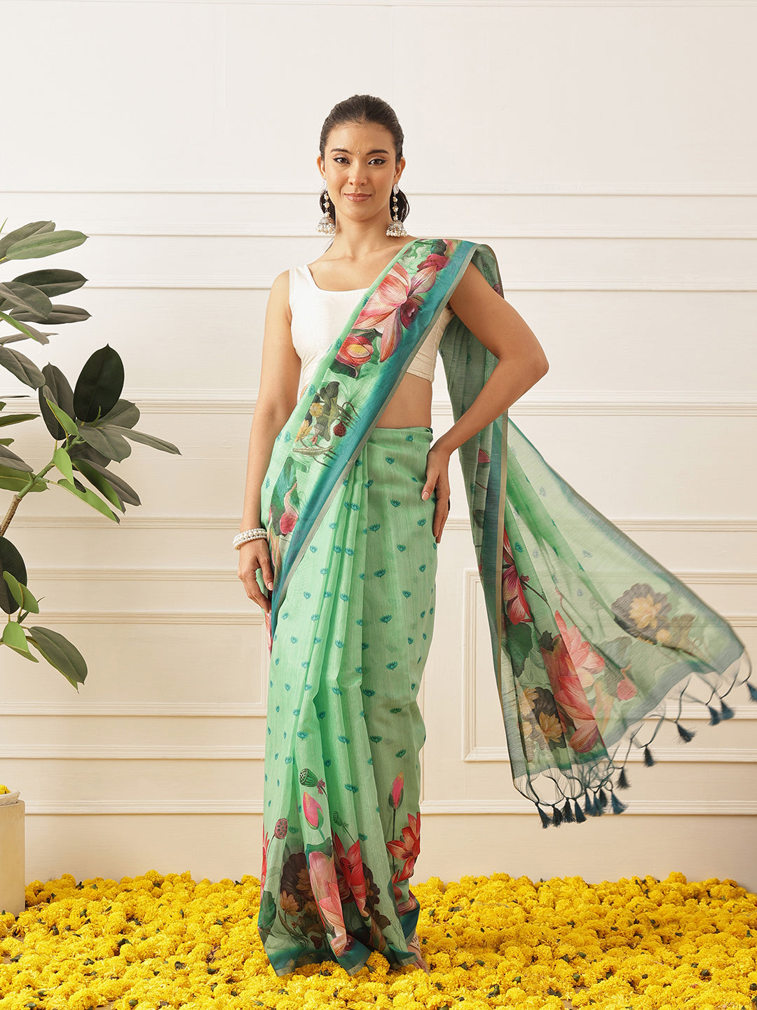 Women's Digital Printed Cotton Chanderi Saree With Beautiful Tassels