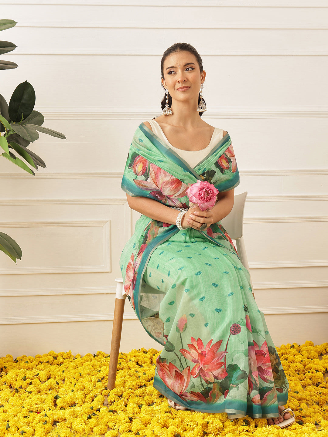 Women's Digital Printed Cotton Chanderi Saree With Beautiful Tassels