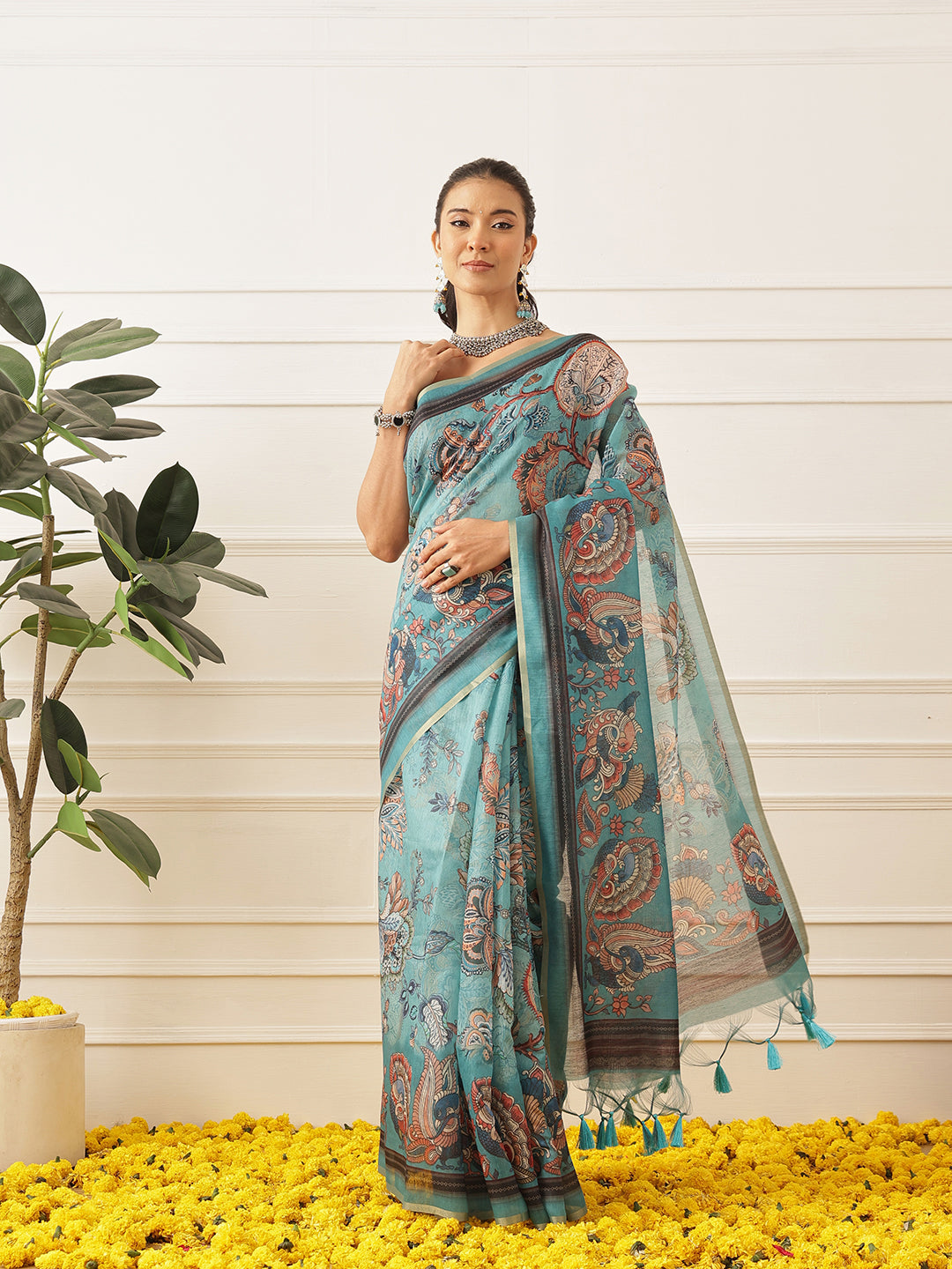 Women's Digital Printed Cotton Chanderi Saree With Beautiful Tassels