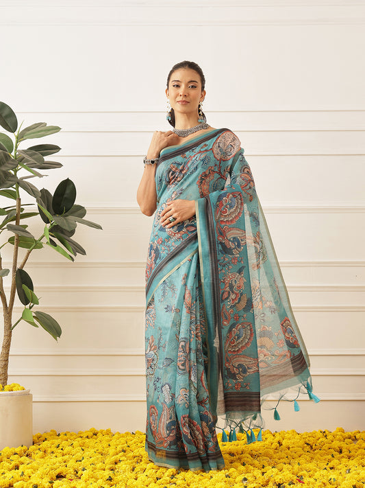 Women's Digital Printed Cotton Chanderi Saree With Beautiful Tassels