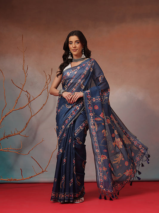 Digital Printed Premium Cotton Blend Chanderi Saree with Traditional Motifs & Tassel
