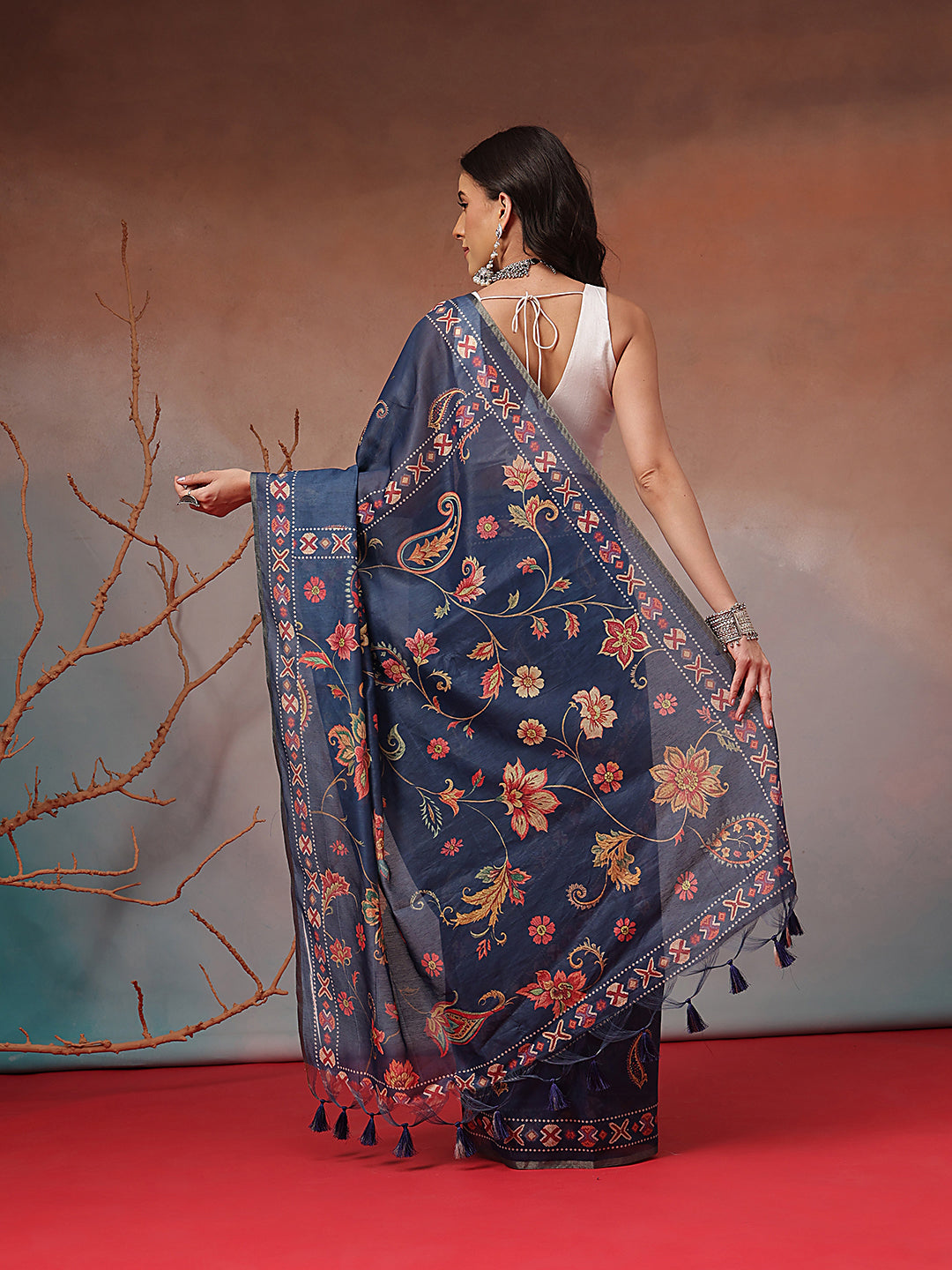 Digital Printed Premium Cotton Blend Chanderi Saree with Traditional Motifs & Tassel