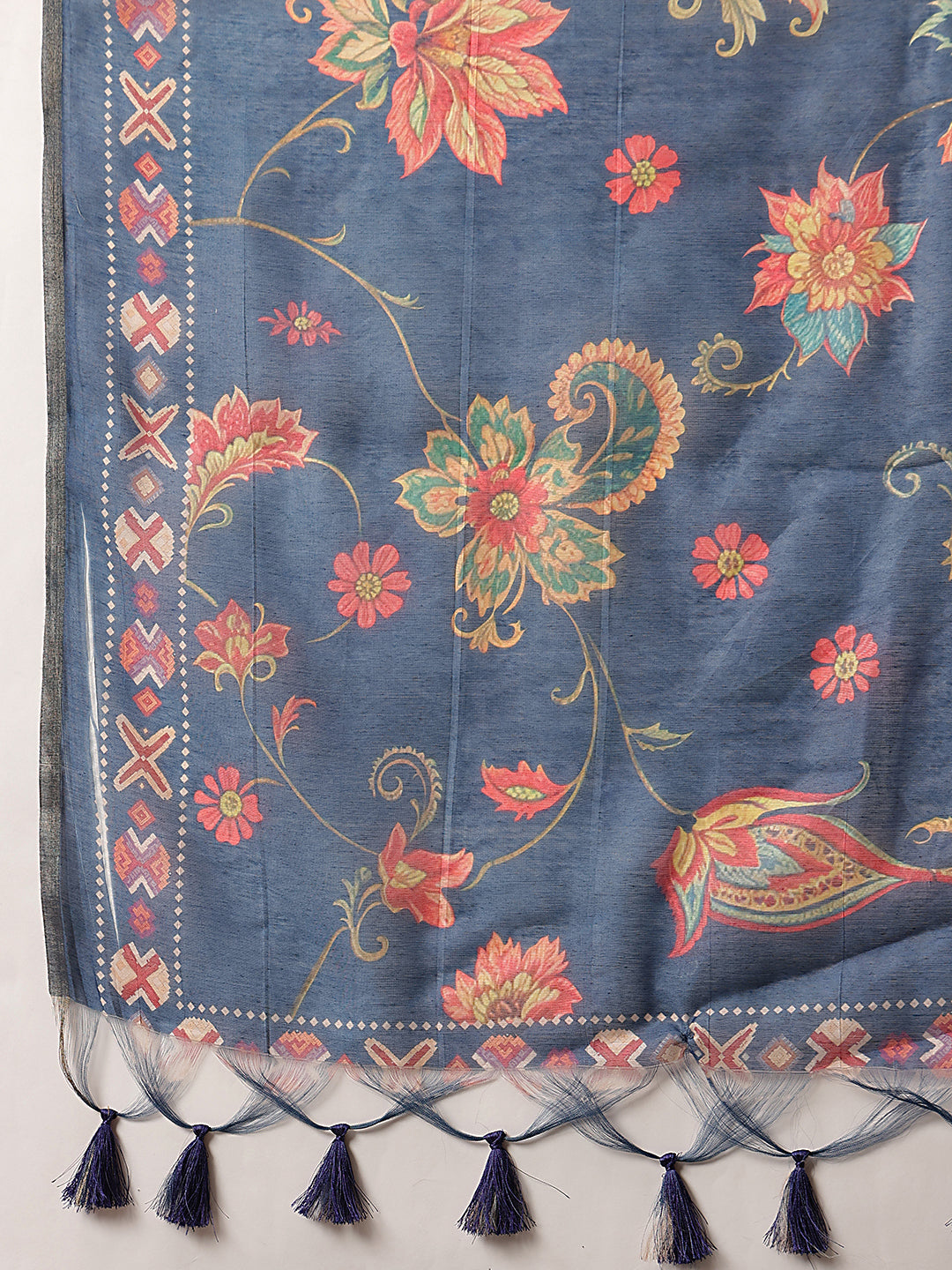 Digital Printed Premium Cotton Blend Chanderi Saree with Traditional Motifs & Tassel