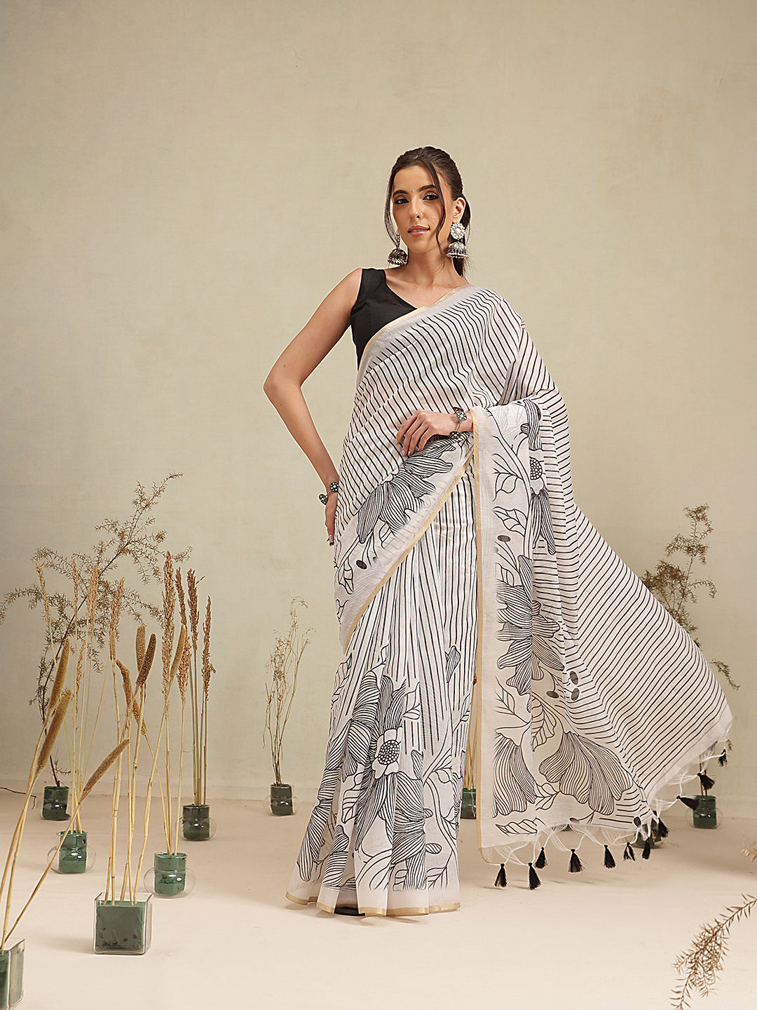 Digital Printed Premium Cotton Blend Chanderi Saree with Traditional Motifs & Tassel