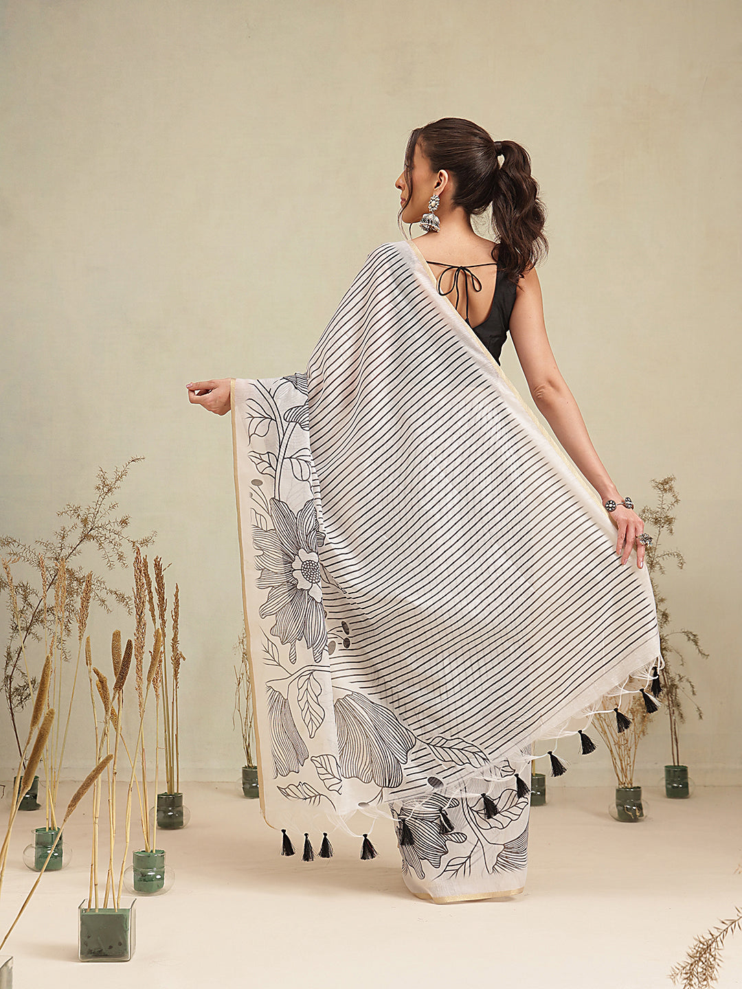 Digital Printed Premium Cotton Blend Chanderi Saree with Traditional Motifs & Tassel