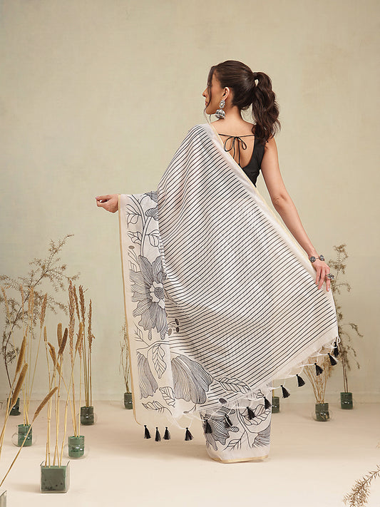 Digital Printed Premium Cotton Blend Chanderi Saree with Traditional Motifs & Tassel