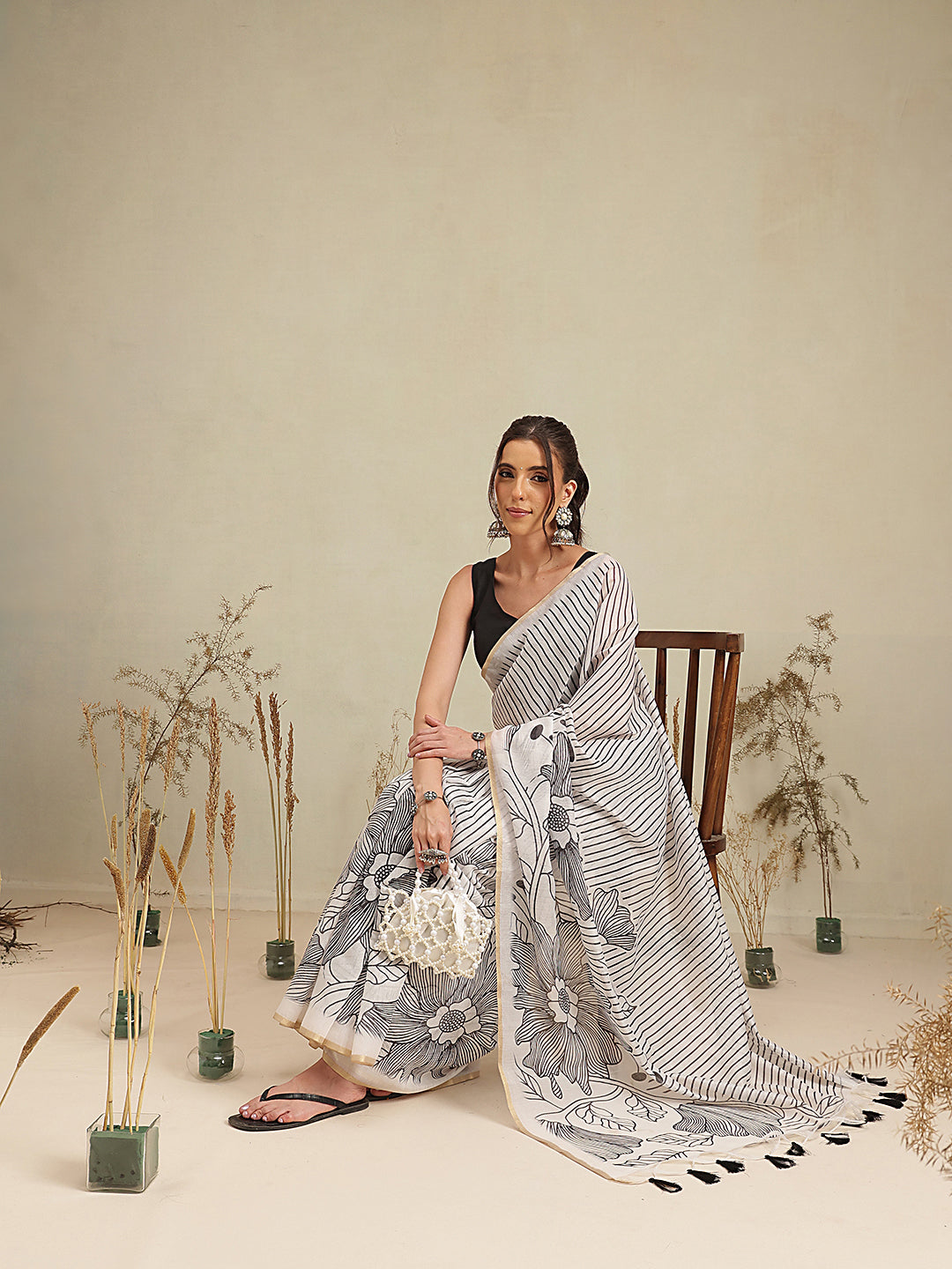Digital Printed Premium Cotton Blend Chanderi Saree with Traditional Motifs & Tassel