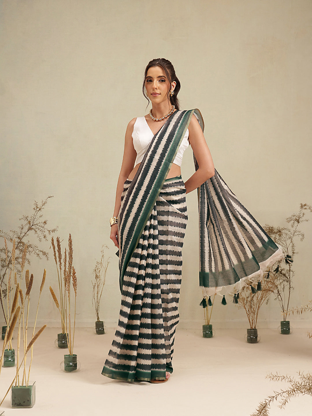 Digital Printed Premium Cotton Blend Chanderi Saree with Traditional Motifs & Tassel
