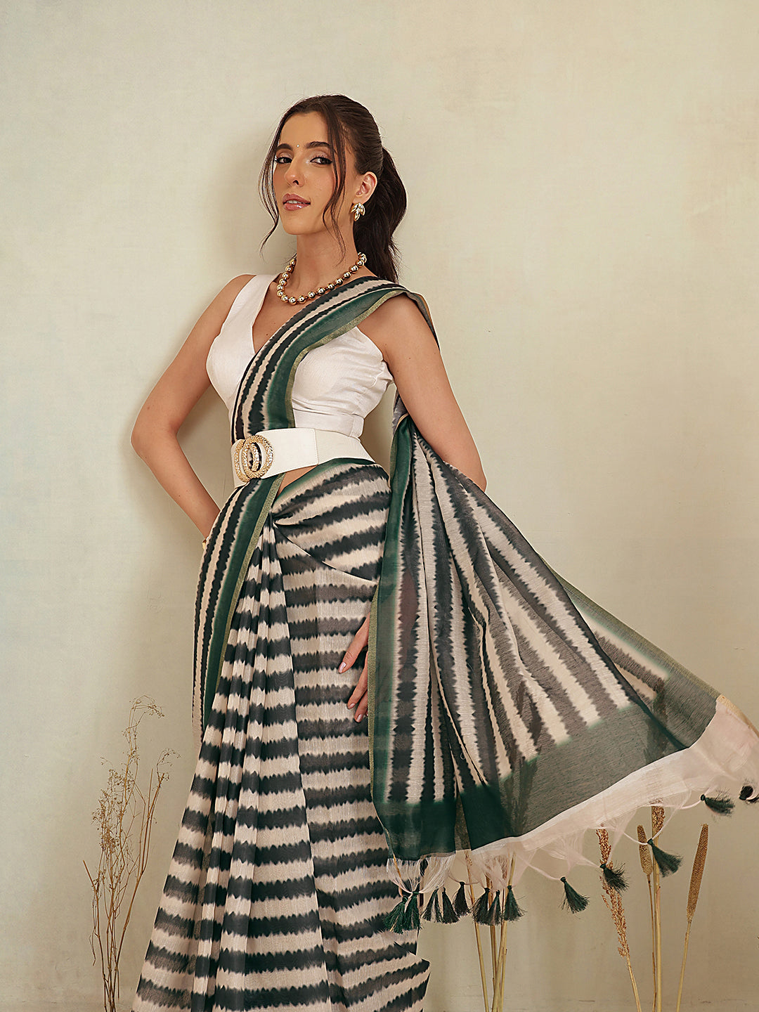 Digital Printed Premium Cotton Blend Chanderi Saree with Traditional Motifs & Tassel