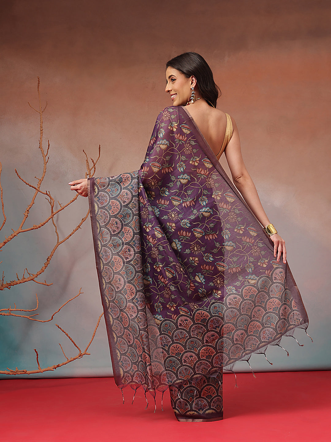 Digital Printed Premium Cotton Blend Chanderi Saree with Traditional Motifs & Tassel