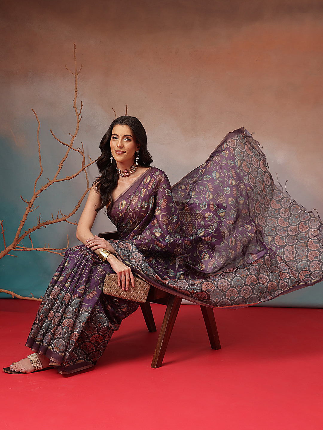 Digital Printed Premium Cotton Blend Chanderi Saree with Traditional Motifs & Tassel
