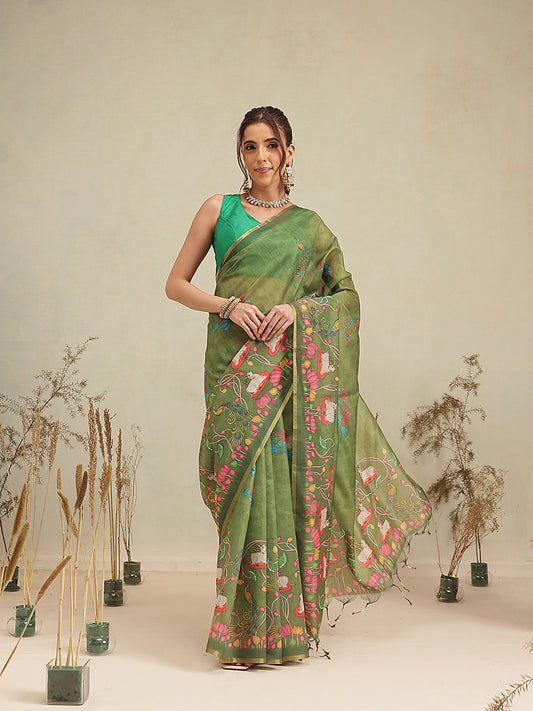 Digital Printed Premium Cotton Blend Chanderi Saree with Traditional Motifs & Tassel