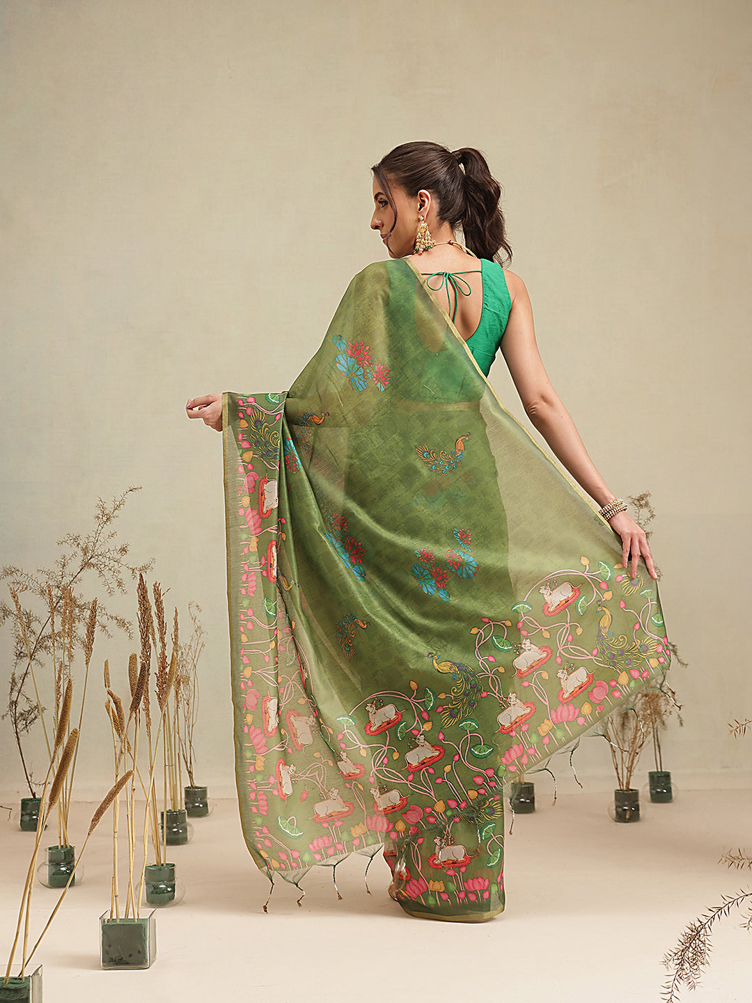 Digital Printed Premium Cotton Blend Chanderi Saree with Traditional Motifs & Tassel