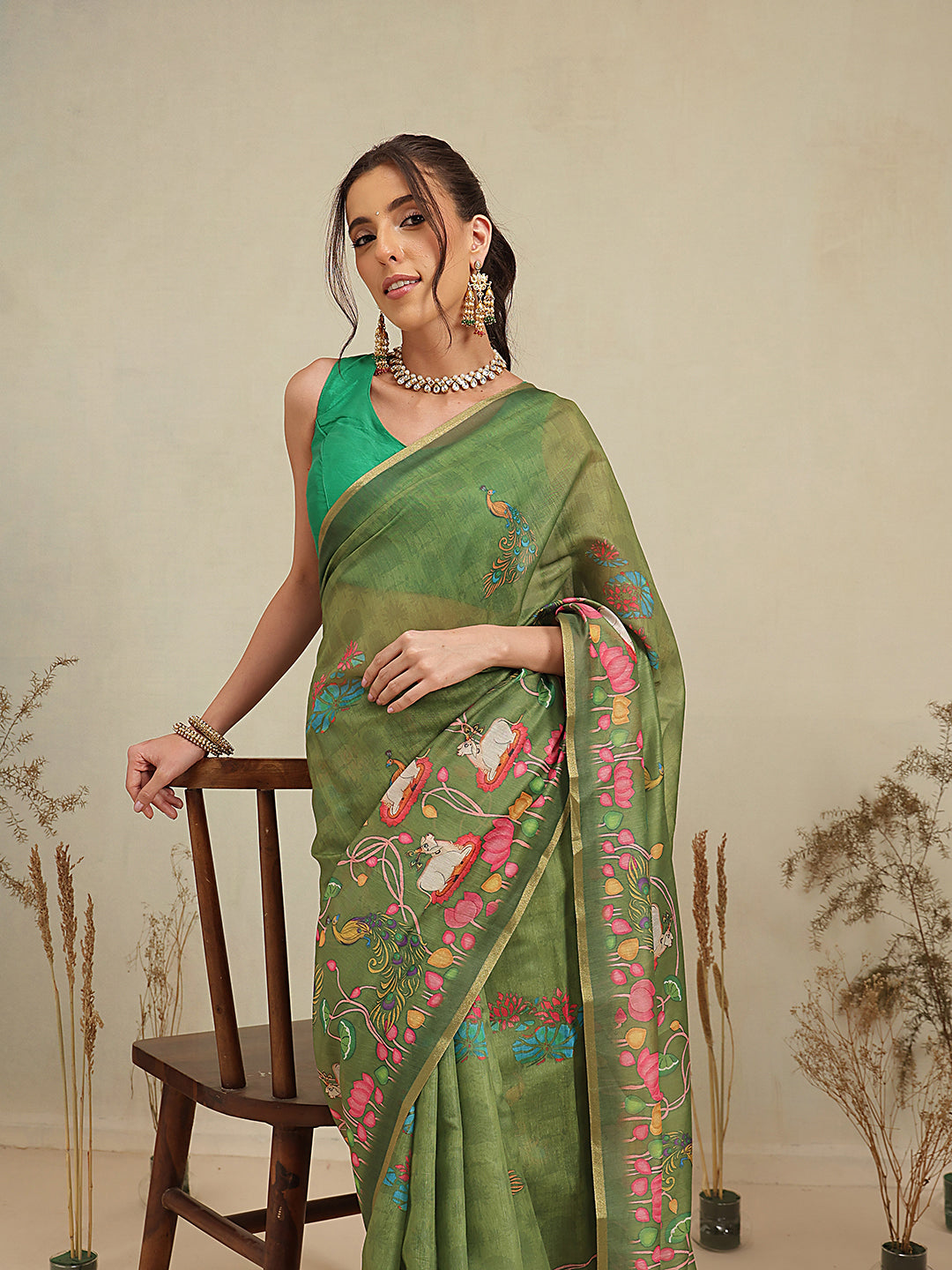 Digital Printed Premium Cotton Blend Chanderi Saree with Traditional Motifs & Tassel