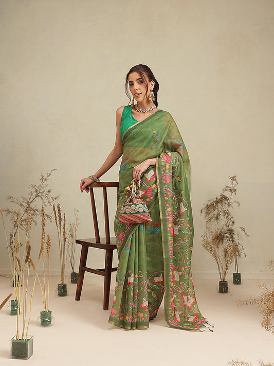 Digital Printed Premium Cotton Blend Chanderi Saree with Traditional Motifs & Tassel