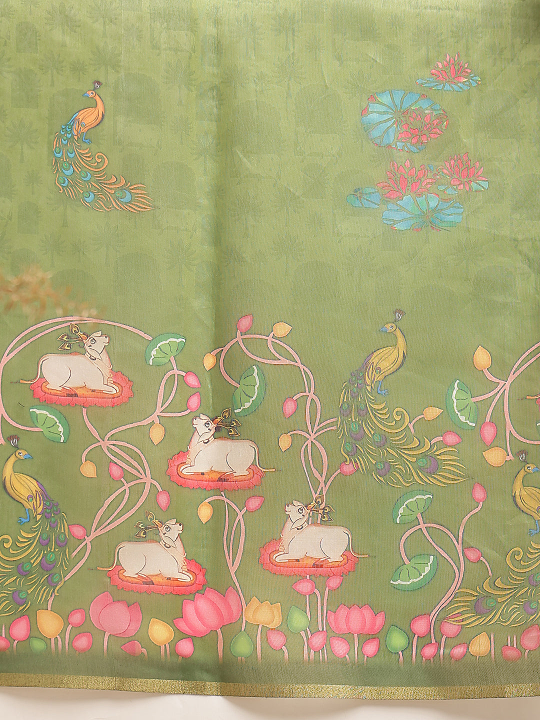 Digital Printed Premium Cotton Blend Chanderi Saree with Traditional Motifs & Tassel