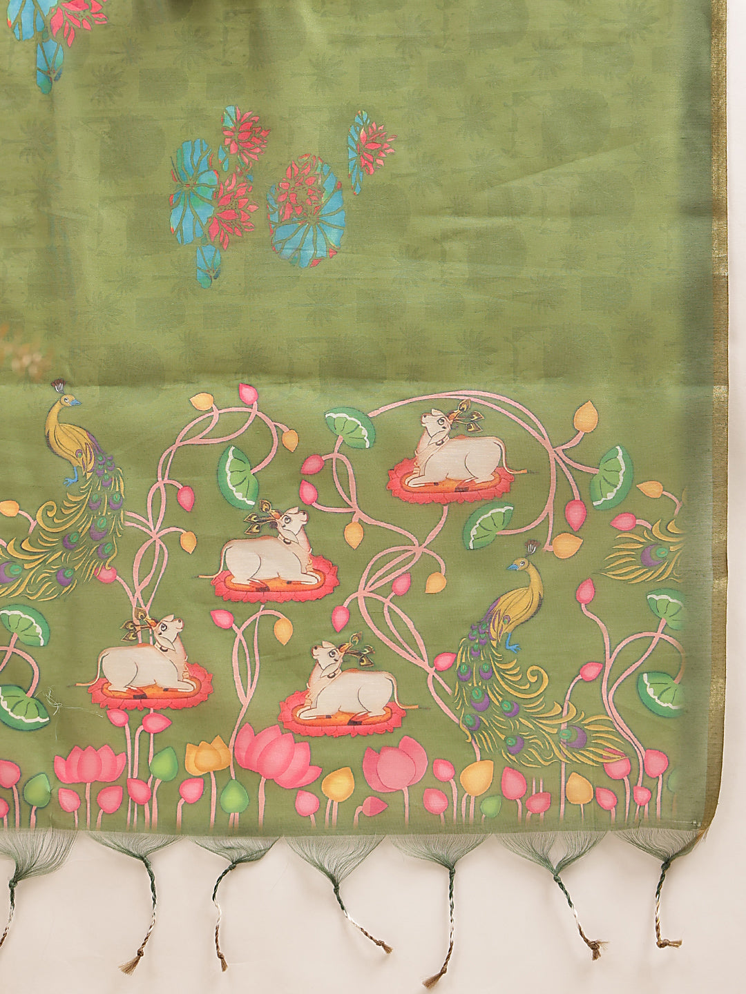 Digital Printed Premium Cotton Blend Chanderi Saree with Traditional Motifs & Tassel