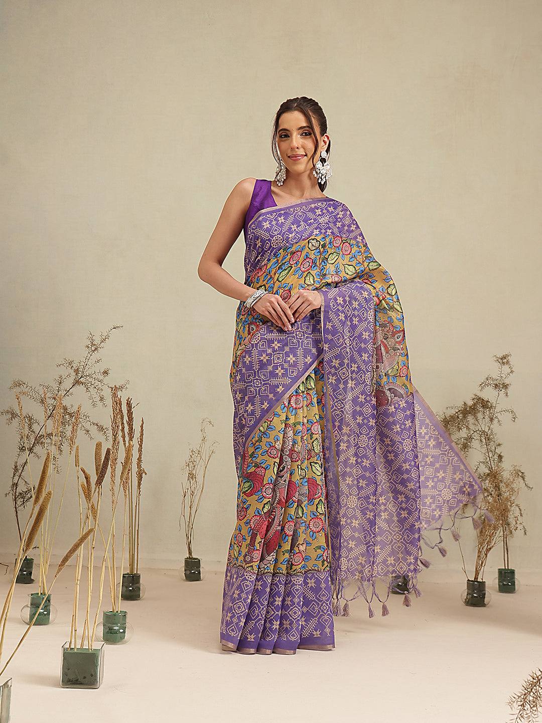 Digital Printed Premium Cotton Blend Chanderi Saree with Traditional Motifs & Tassel