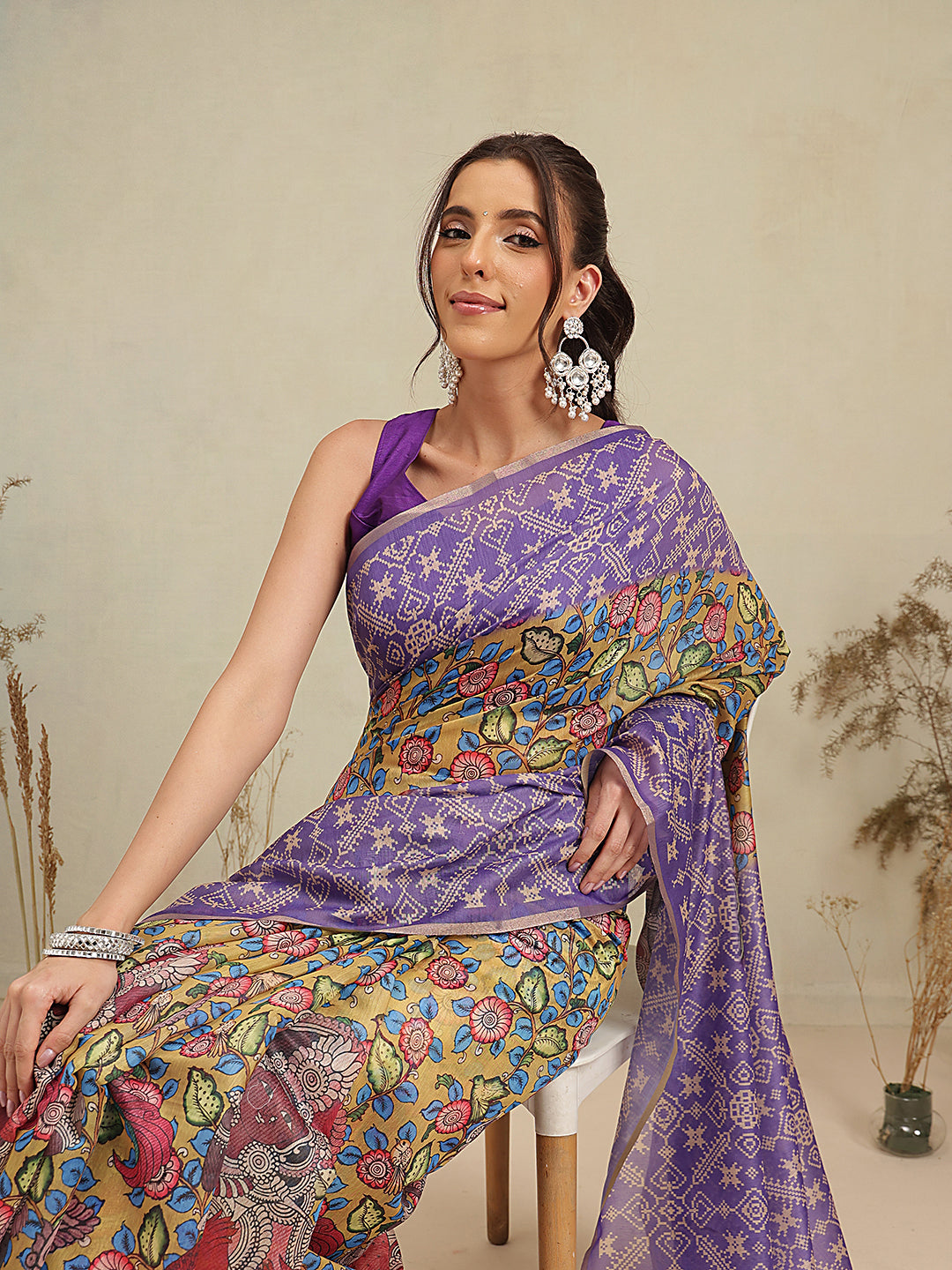 Digital Printed Premium Cotton Blend Chanderi Saree with Traditional Motifs & Tassel