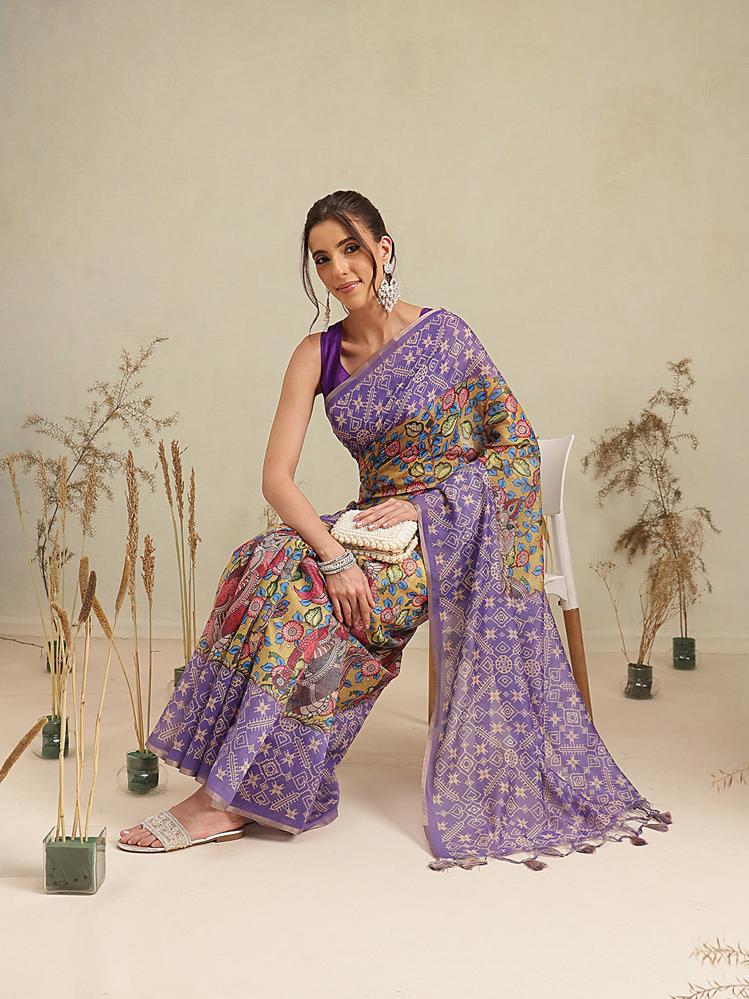 Digital Printed Premium Cotton Blend Chanderi Saree with Traditional Motifs & Tassel
