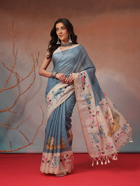 Digital Printed Premium Cotton Blend Chanderi Saree with Traditional Motifs & Tassel