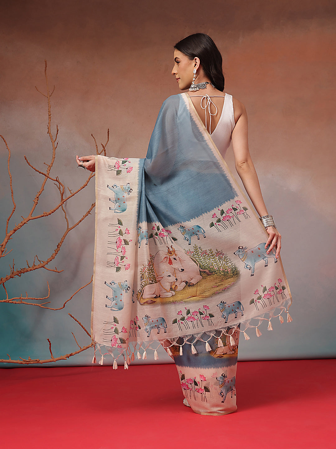 Digital Printed Premium Cotton Blend Chanderi Saree with Traditional Motifs & Tassel