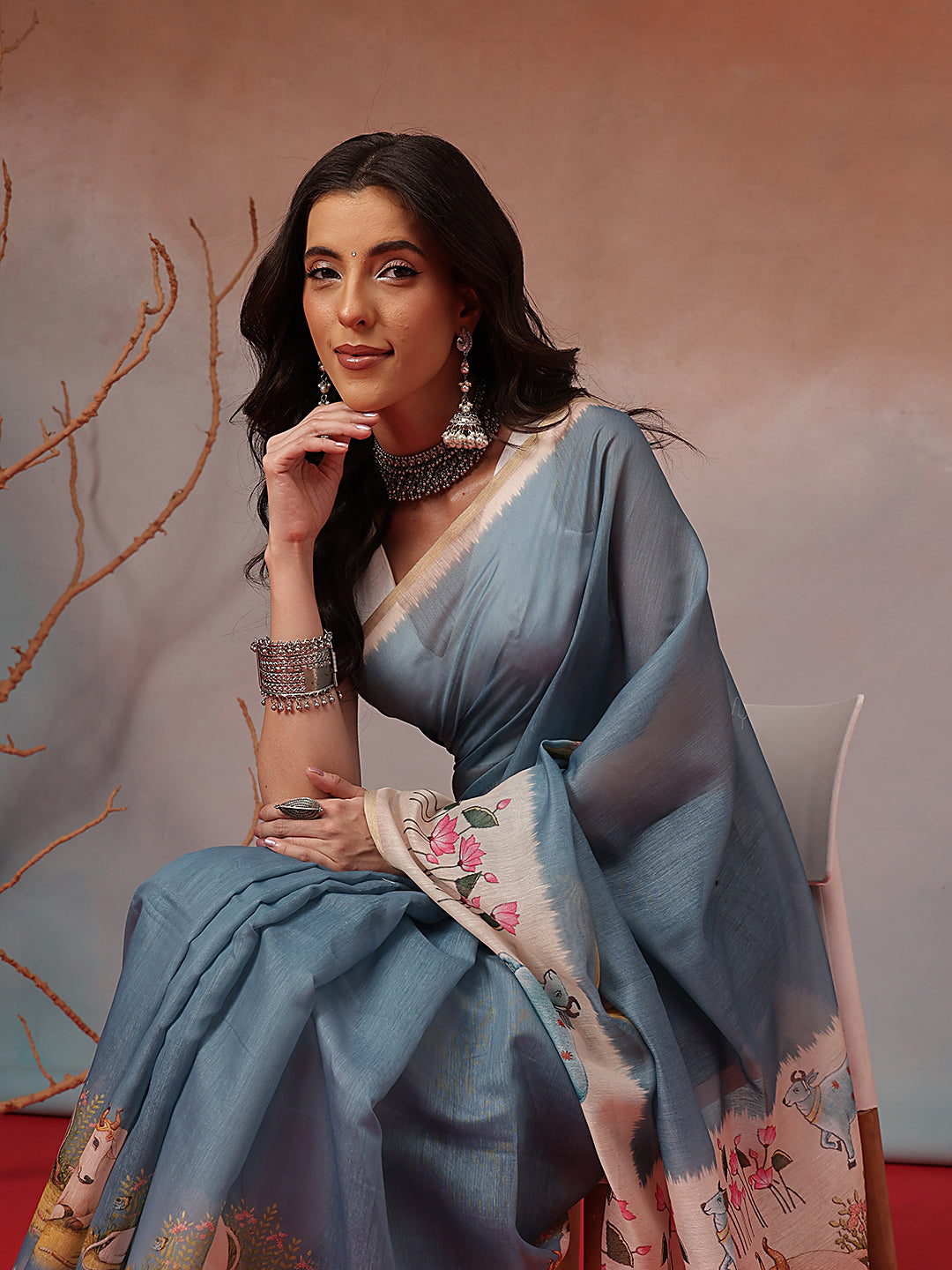 Digital Printed Premium Cotton Blend Chanderi Saree with Traditional Motifs & Tassel
