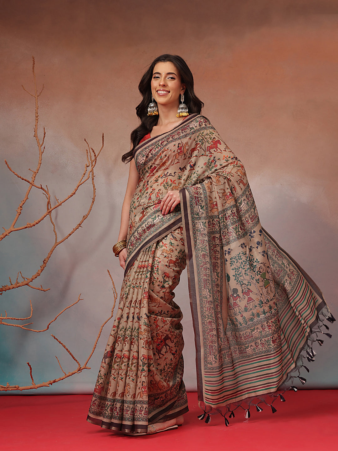 Digital Printed Premium Cotton Blend Chanderi Saree with Traditional Motifs & Tassel