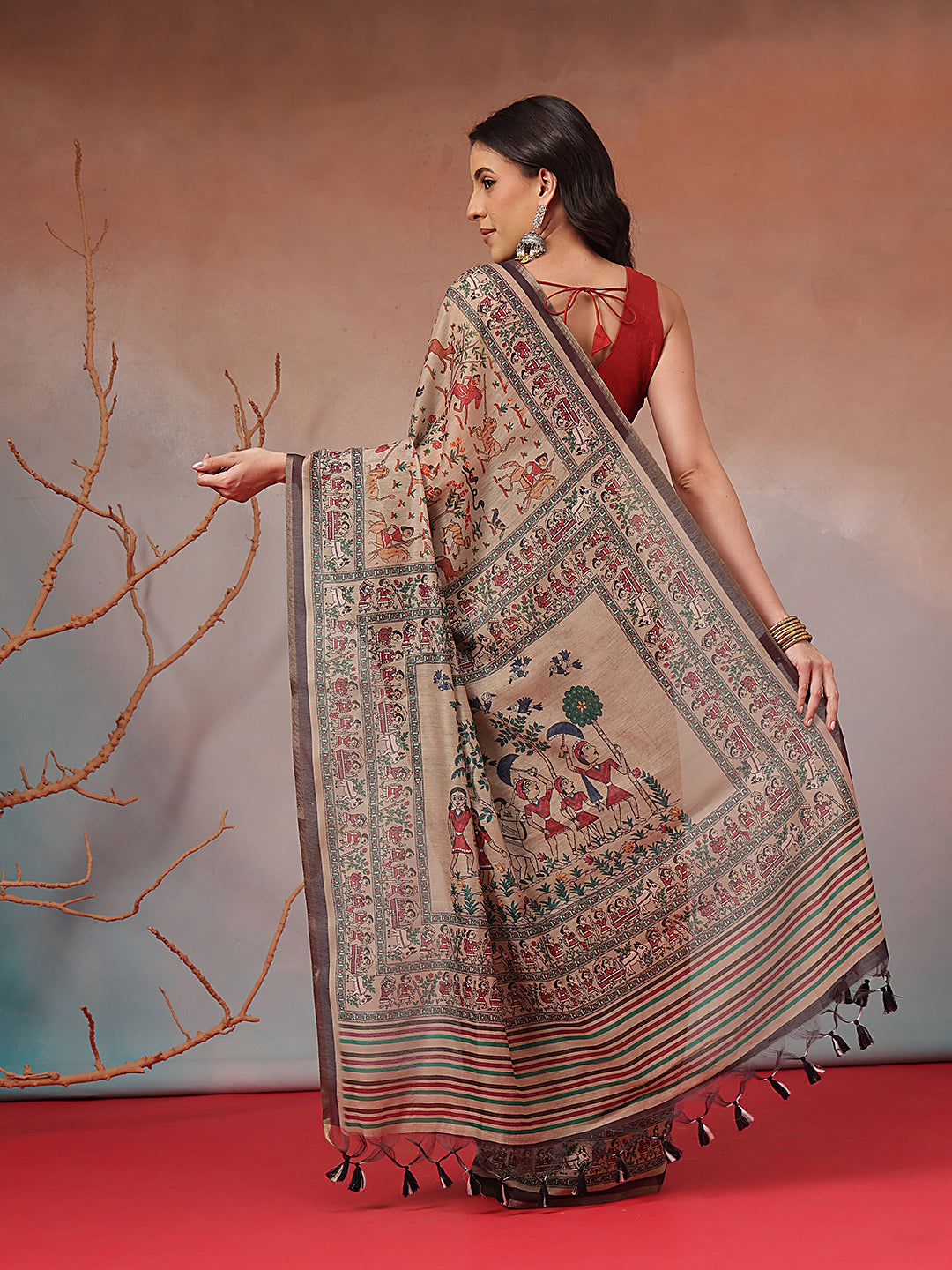 Digital Printed Premium Cotton Blend Chanderi Saree with Traditional Motifs & Tassel