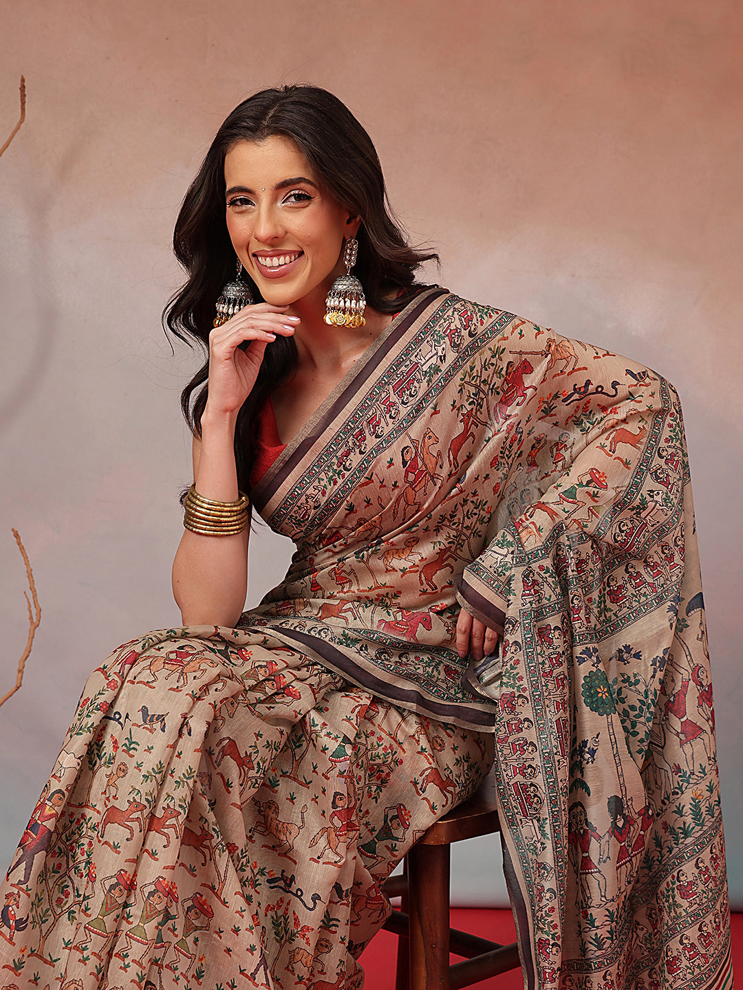 Digital Printed Premium Cotton Blend Chanderi Saree with Traditional Motifs & Tassel
