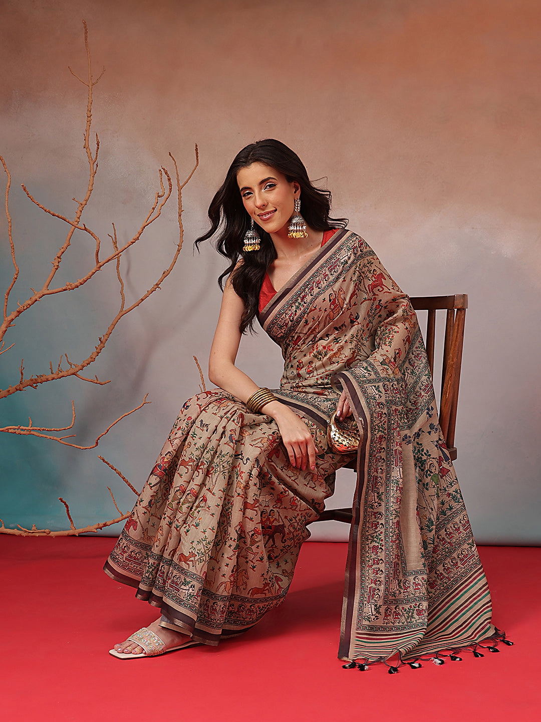 Digital Printed Premium Cotton Blend Chanderi Saree with Traditional Motifs & Tassel