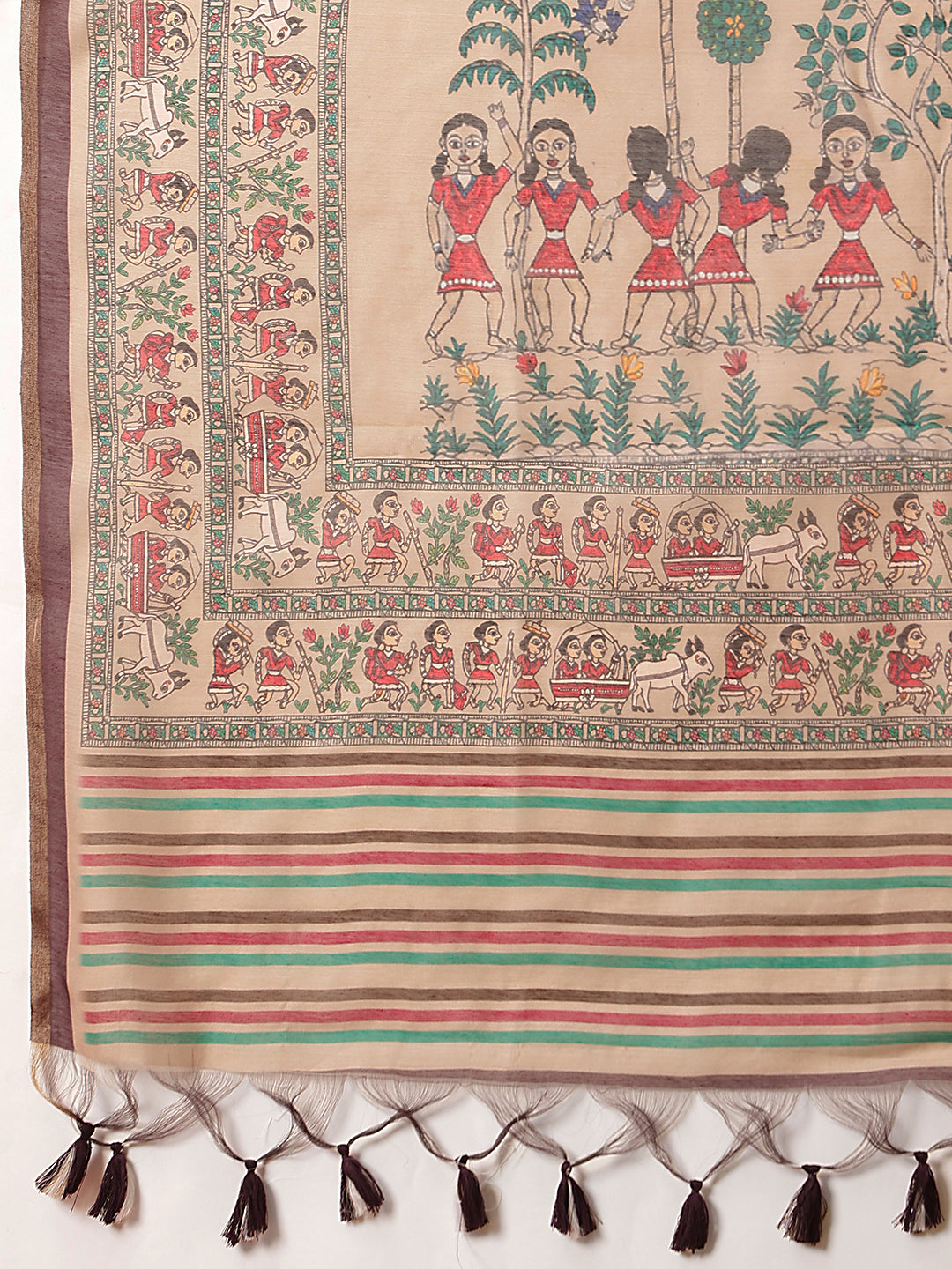 Digital Printed Premium Cotton Blend Chanderi Saree with Traditional Motifs & Tassel