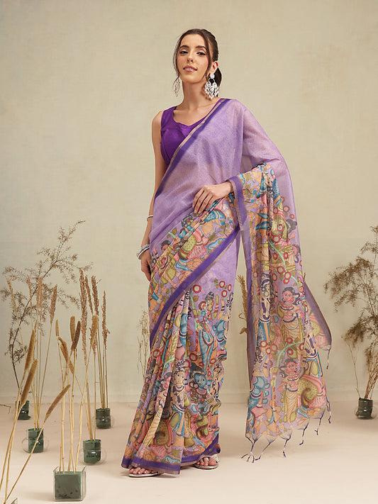 Digital Printed Premium Cotton Blend Chanderi Saree with Traditional Motifs & Tassel