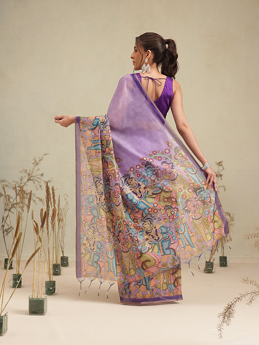 Digital Printed Premium Cotton Blend Chanderi Saree with Traditional Motifs & Tassel
