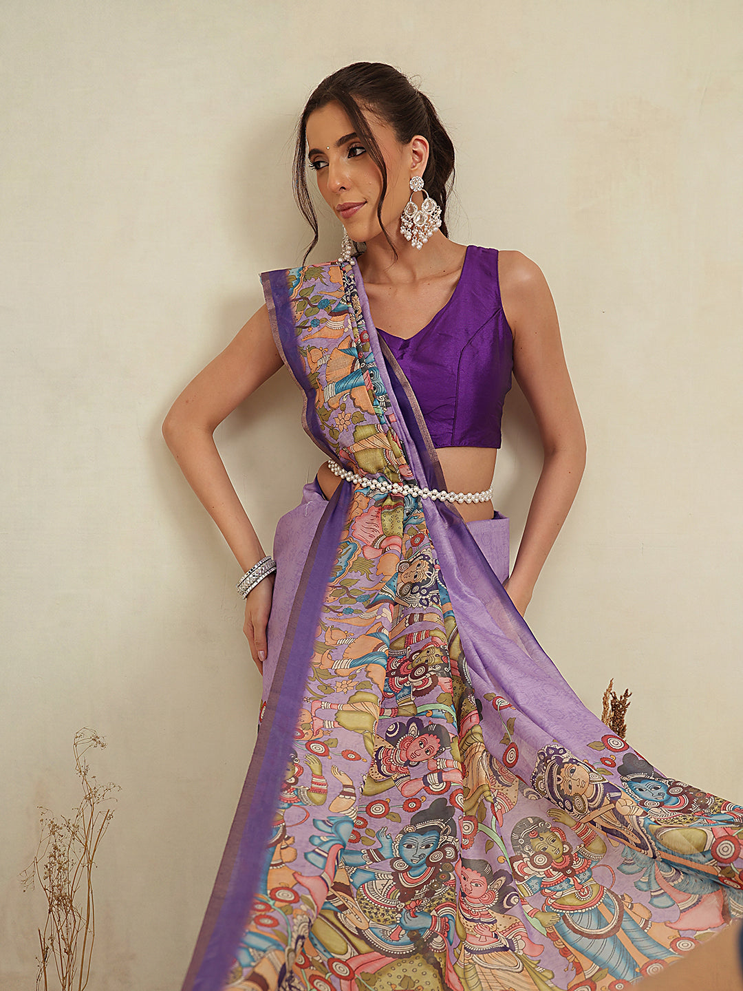 Digital Printed Premium Cotton Blend Chanderi Saree with Traditional Motifs & Tassel