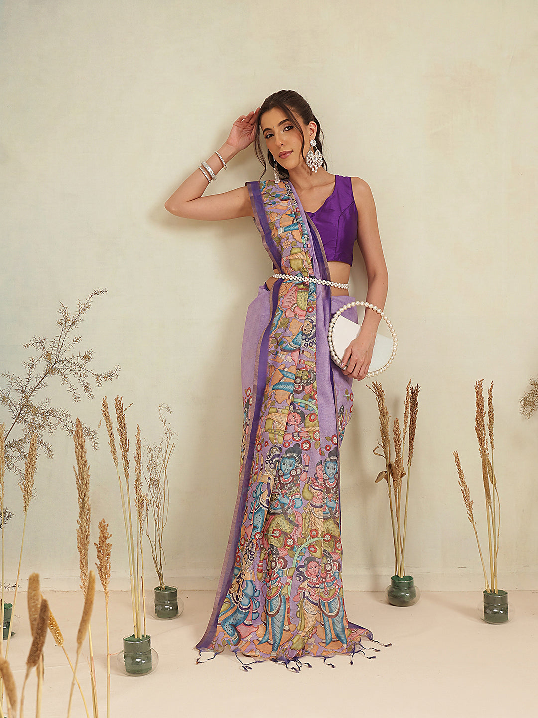 Digital Printed Premium Cotton Blend Chanderi Saree with Traditional Motifs & Tassel