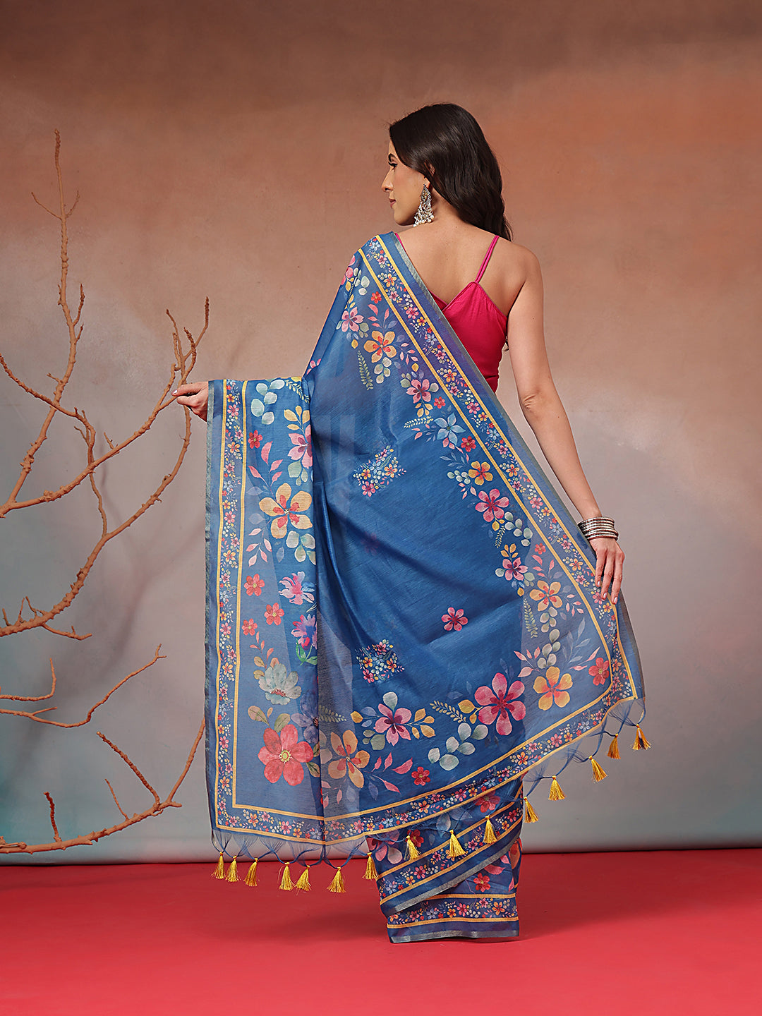 Digital Printed Premium Cotton Blend Chanderi Saree with Traditional Motifs & Tassel