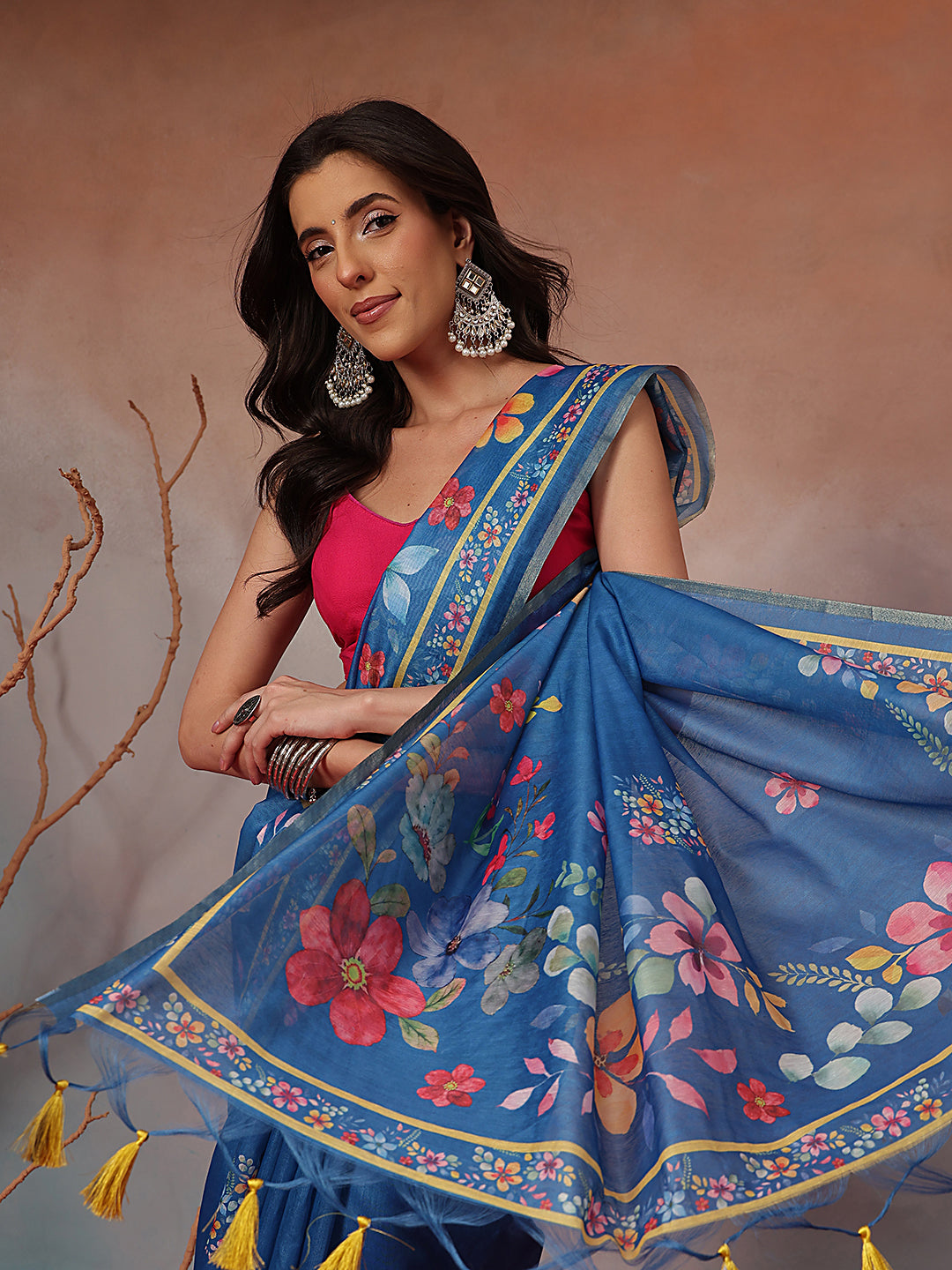 Digital Printed Premium Cotton Blend Chanderi Saree with Traditional Motifs & Tassel